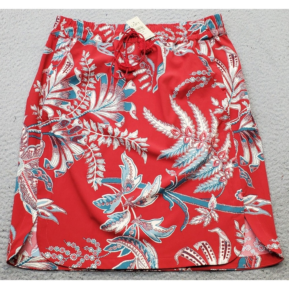 LOFT Skirt Womens Petite PM Multi Tropical Leaf Print Tassel Drawstring Waist